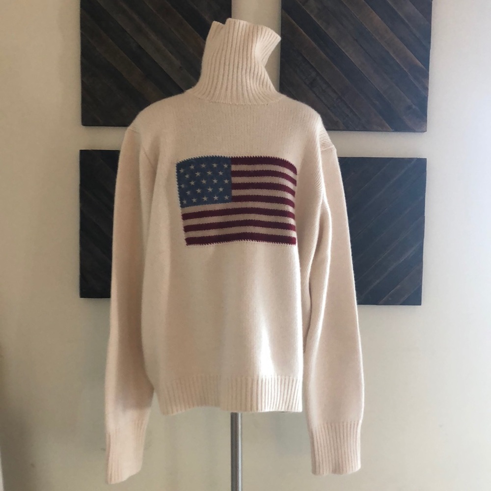 Polo by Ralph Lauren Ivory Turtleneck Sweater with Flag Motif